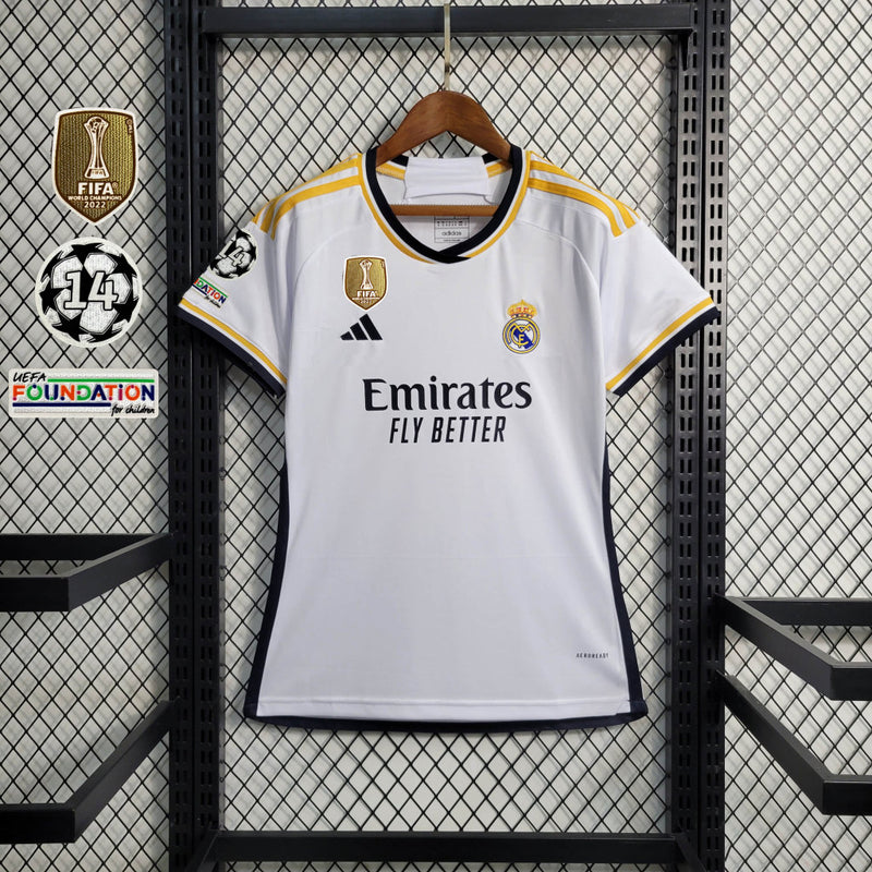 Camisa Real Madrid Feminina - Temporada 2023/24 - Home (Três Patches Champions League)