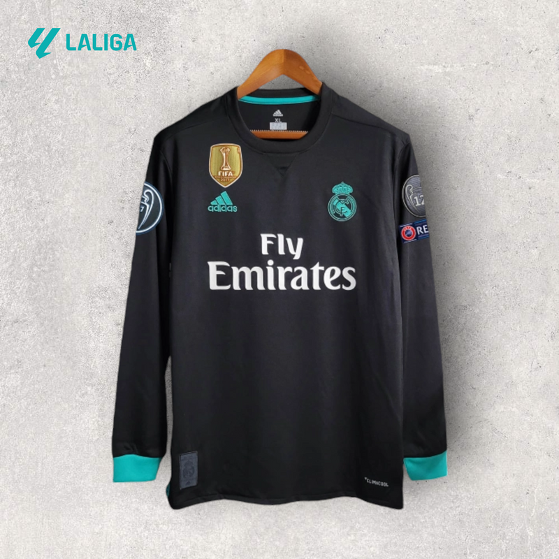 Retrô Manga Longa Real Madrid - Temporada 2017/18 - Away "Liga" (+ Quatro Patches)